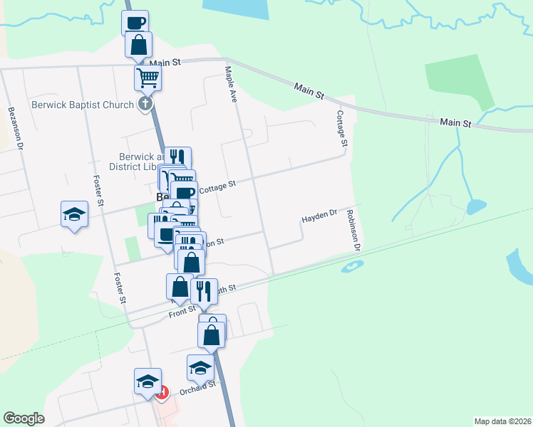 map of restaurants, bars, coffee shops, grocery stores, and more near 122 Maple Avenue in Berwick