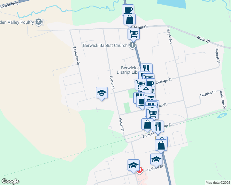 map of restaurants, bars, coffee shops, grocery stores, and more near 216 Cottage Street in Berwick