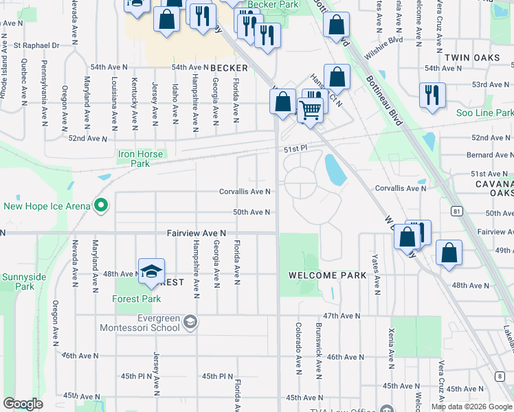 map of restaurants, bars, coffee shops, grocery stores, and more near 6400 50th Avenue North in Minneapolis