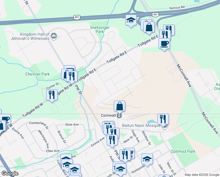 map of restaurants, bars, coffee shops, grocery stores, and more near 83 Sunset Boulevard in Cornwall