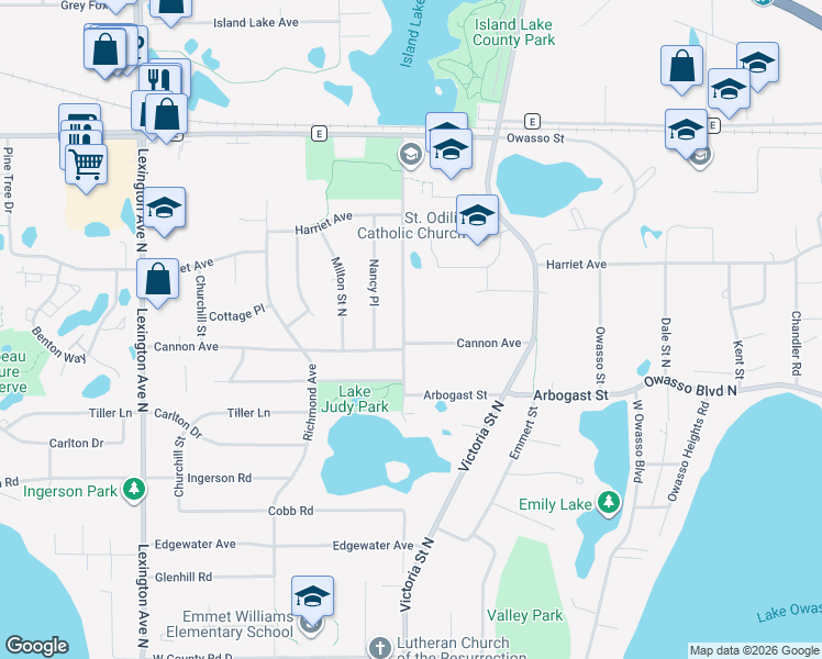 map of restaurants, bars, coffee shops, grocery stores, and more near 855 Cannon Avenue in Shoreview