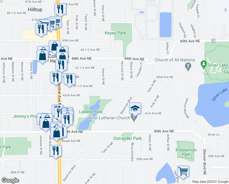map of restaurants, bars, coffee shops, grocery stores, and more near 1325 42nd Avenue Northeast in Minneapolis