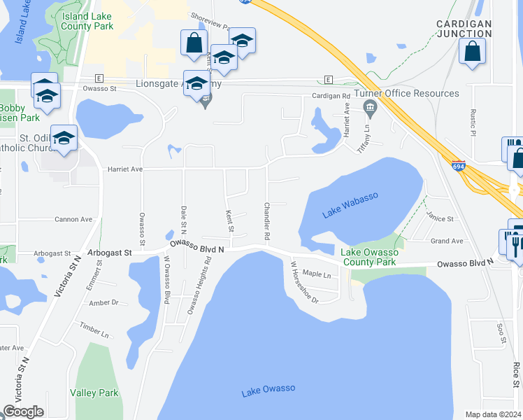 map of restaurants, bars, coffee shops, grocery stores, and more near 3421 Chandler Road in Shoreview