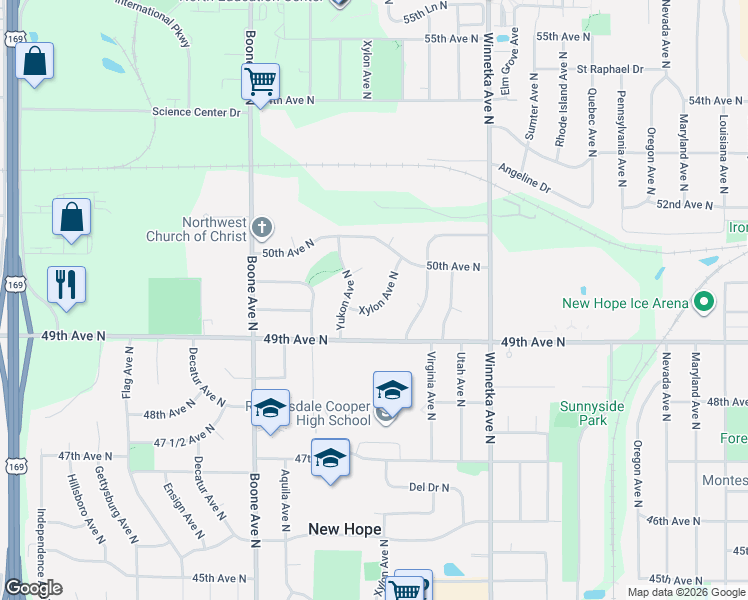 map of restaurants, bars, coffee shops, grocery stores, and more near 4941 Xylon Avenue North in Minneapolis