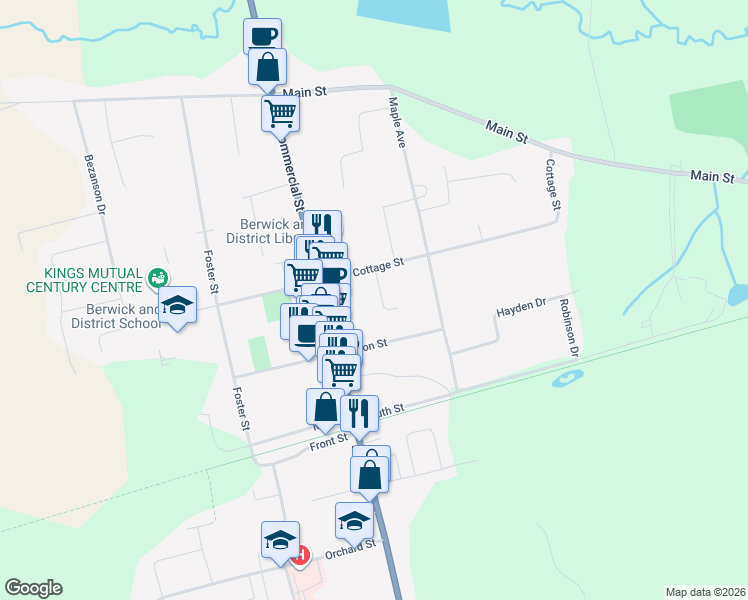 map of restaurants, bars, coffee shops, grocery stores, and more near 121 Paisley Avenue in Berwick