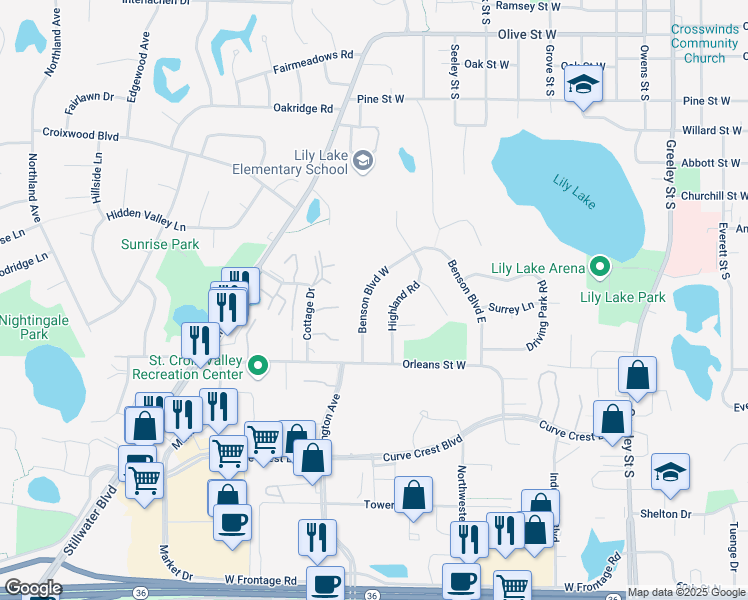 map of restaurants, bars, coffee shops, grocery stores, and more near 1401 Benson Boulevard East in Stillwater