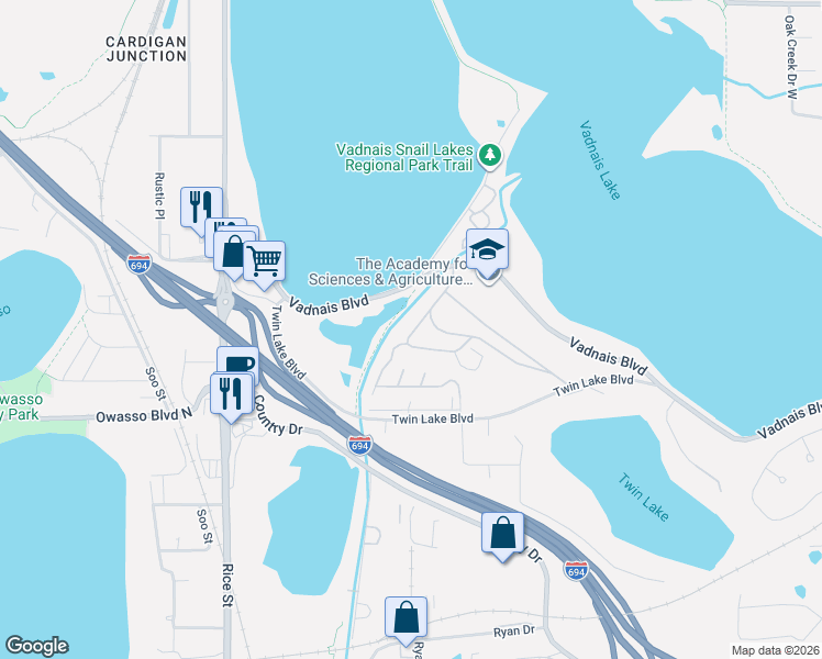 map of restaurants, bars, coffee shops, grocery stores, and more near 126 Star Circle in Saint Paul
