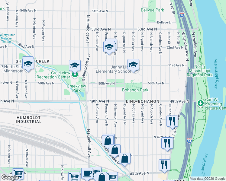 map of restaurants, bars, coffee shops, grocery stores, and more near 4935 North Emerson Avenue in Minneapolis