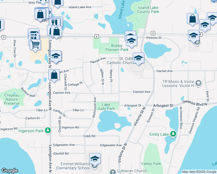 map of restaurants, bars, coffee shops, grocery stores, and more near 3420 Nancy Place in Shoreview