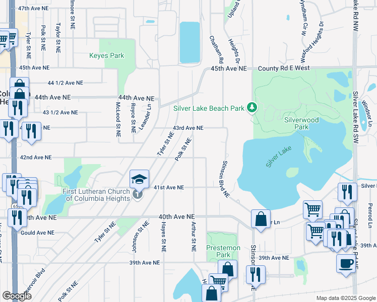 map of restaurants, bars, coffee shops, grocery stores, and more near 4212 Arthur Street Northeast in Minneapolis