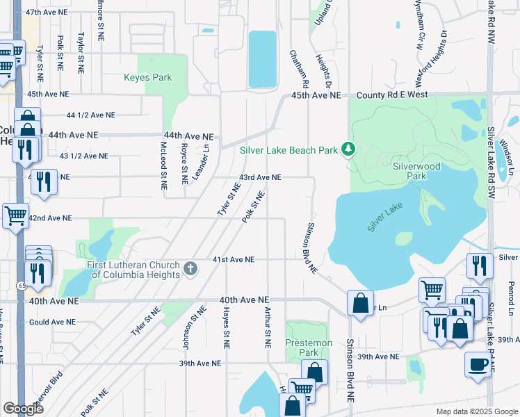 map of restaurants, bars, coffee shops, grocery stores, and more near 4212 Arthur Street Northeast in Minneapolis