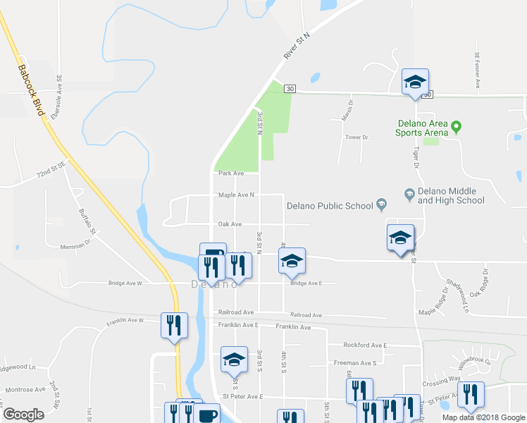 map of restaurants, bars, coffee shops, grocery stores, and more near 416 3rd Street North in Delano