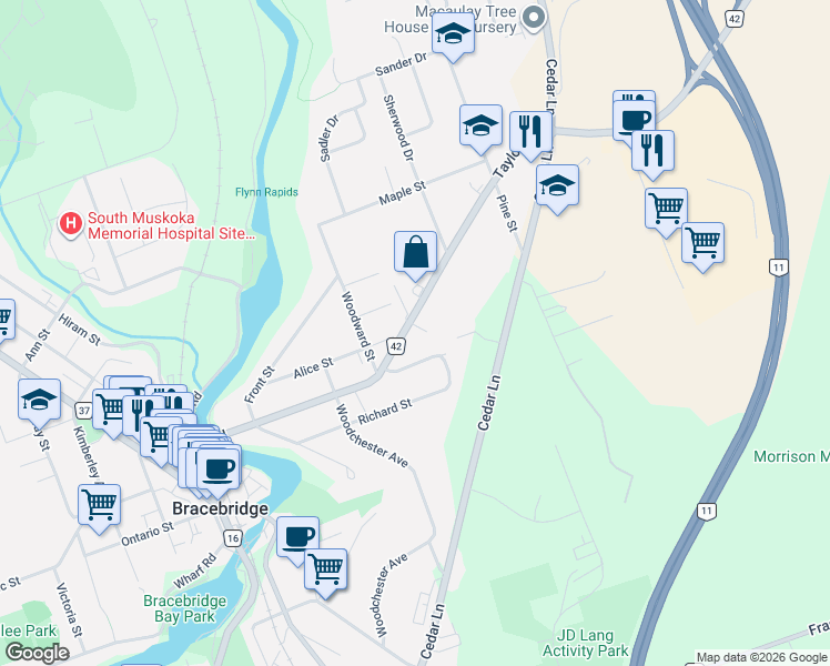 map of restaurants, bars, coffee shops, grocery stores, and more near 190 Muskoka District Road 42 in Bracebridge