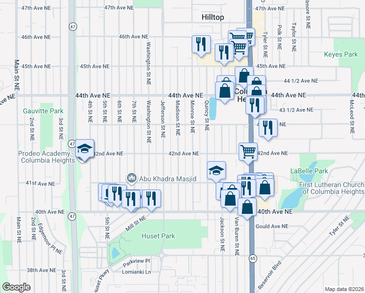 map of restaurants, bars, coffee shops, grocery stores, and more near 4213 Madison St NE in Minneapolis