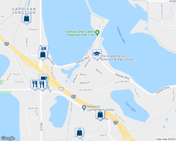 map of restaurants, bars, coffee shops, grocery stores, and more near 200 Mayfair Road in Saint Paul