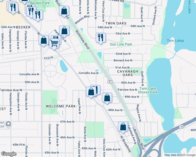 map of restaurants, bars, coffee shops, grocery stores, and more near 5020 Welcome Avenue North in Minneapolis