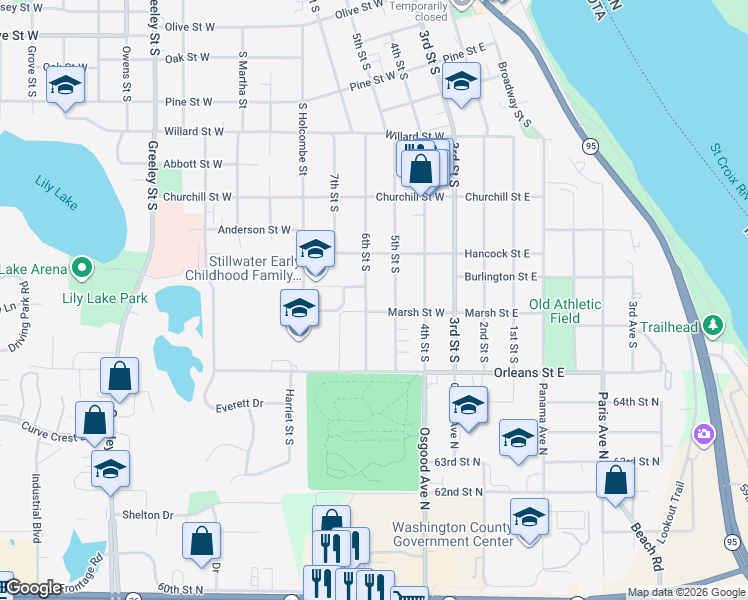 map of restaurants, bars, coffee shops, grocery stores, and more near 1211 6th Street South in Stillwater