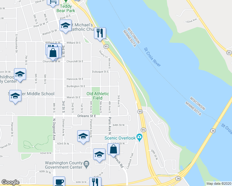 map of restaurants, bars, coffee shops, grocery stores, and more near 1214 3rd Avenue South in Stillwater