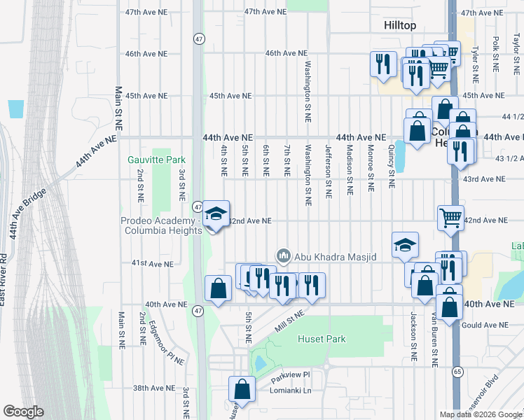 map of restaurants, bars, coffee shops, grocery stores, and more near 4208 6th Street Northeast in Minneapolis
