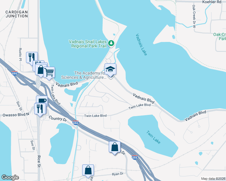 map of restaurants, bars, coffee shops, grocery stores, and more near 100-178 Skyline Dr in Vadnais Heights