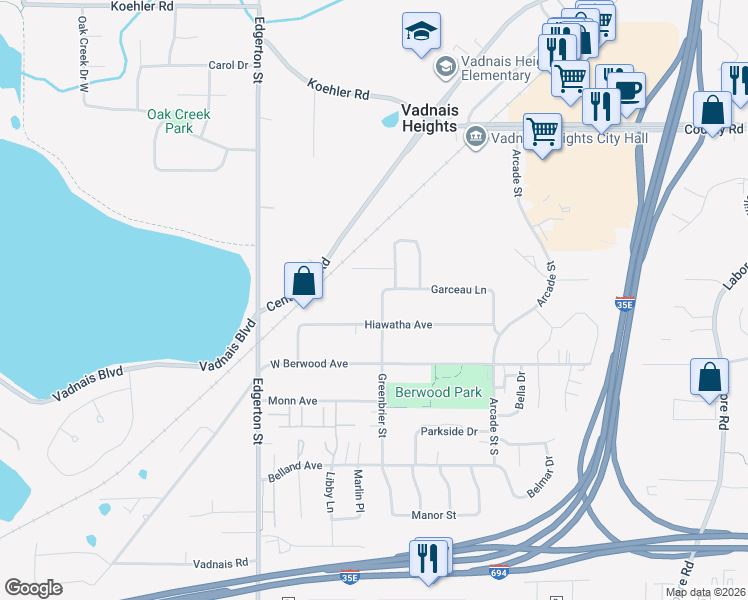map of restaurants, bars, coffee shops, grocery stores, and more near 3421 Greenbrier Street in Vadnais Heights