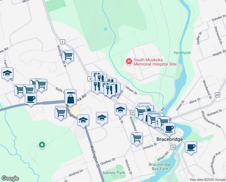 map of restaurants, bars, coffee shops, grocery stores, and more near 205 Manitoba Street in Bracebridge