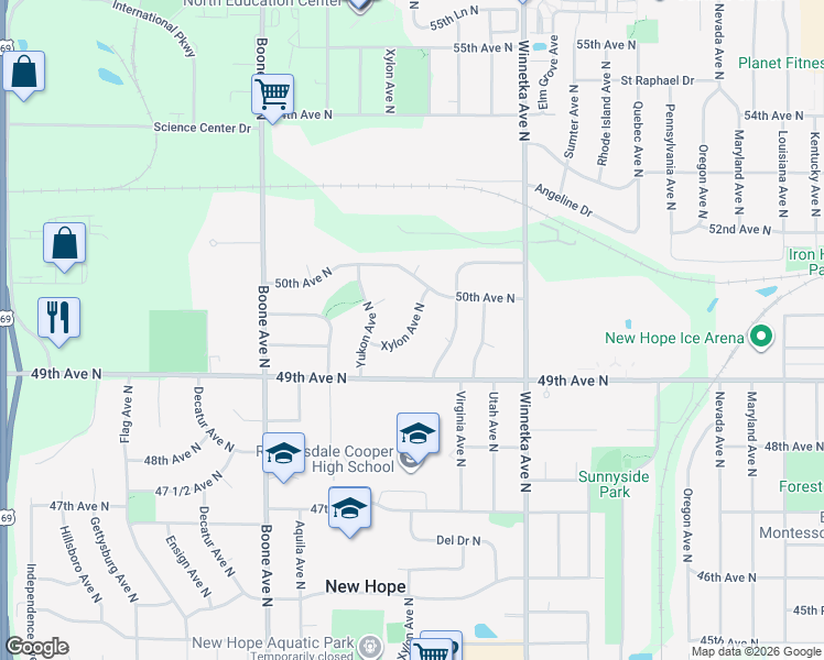 map of restaurants, bars, coffee shops, grocery stores, and more near Xylon Avenue North in Minneapolis