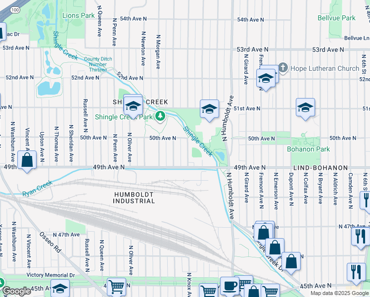map of restaurants, bars, coffee shops, grocery stores, and more near 4941 Knox Avenue North in Minneapolis
