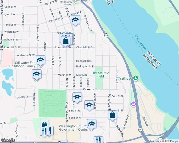 map of restaurants, bars, coffee shops, grocery stores, and more near 1217 1st Street South in Stillwater