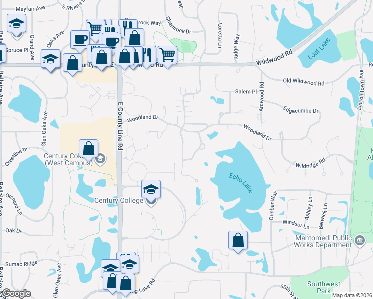 map of restaurants, bars, coffee shops, grocery stores, and more near 116 Wedgewood Drive in Saint Paul