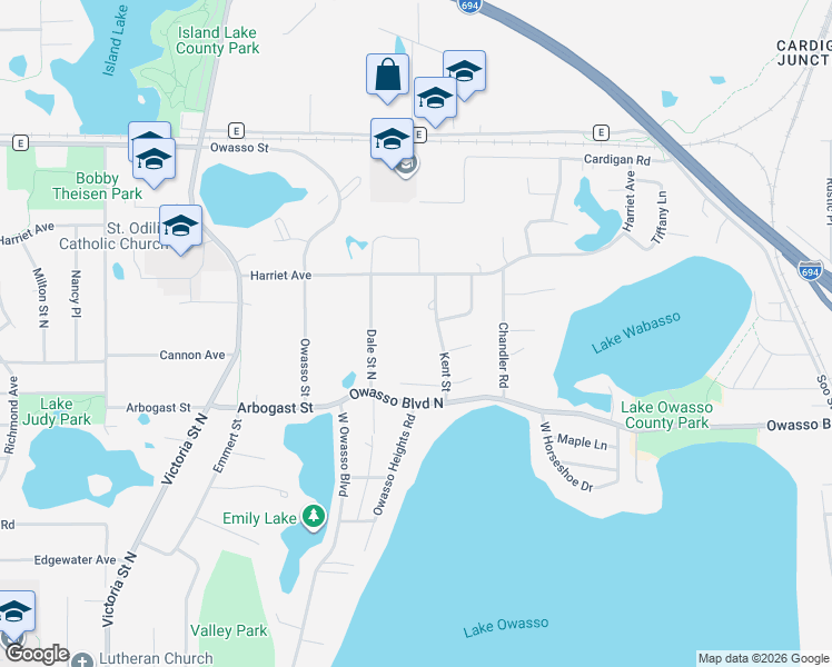 map of restaurants, bars, coffee shops, grocery stores, and more near 3421 Kent Street in Shoreview