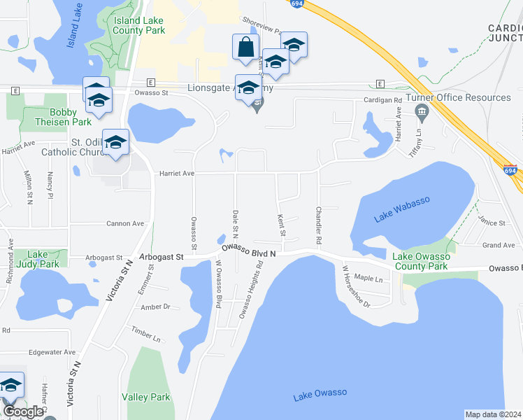map of restaurants, bars, coffee shops, grocery stores, and more near 3421 Kent Street in Shoreview