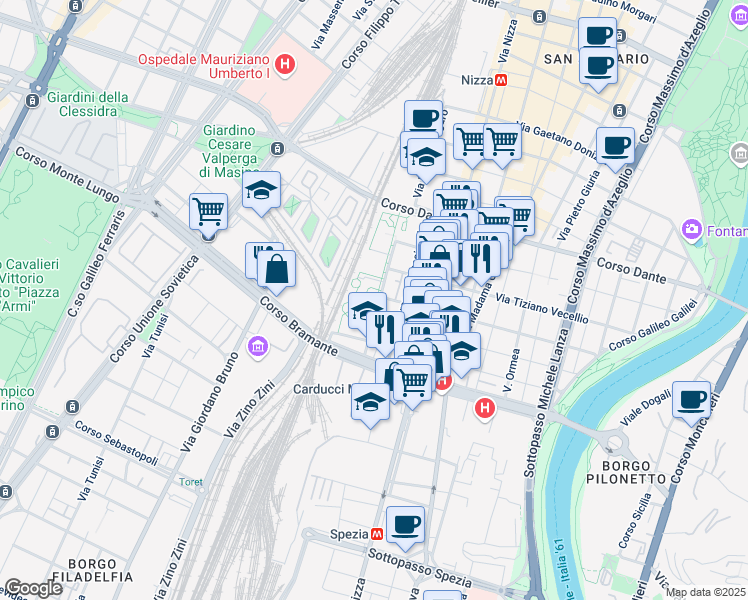 map of restaurants, bars, coffee shops, grocery stores, and more near 20-22 Via Lodovico Antonio Muratori in Torino
