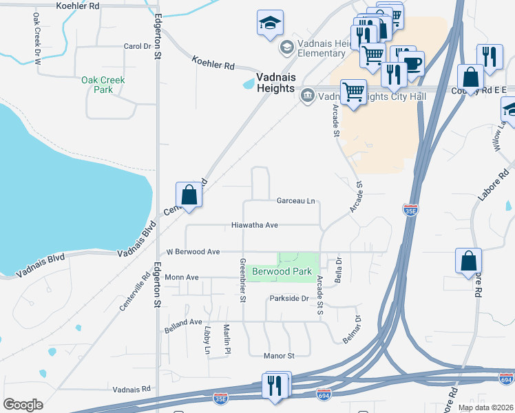 map of restaurants, bars, coffee shops, grocery stores, and more near 726 Garceau Lane in Vadnais Heights