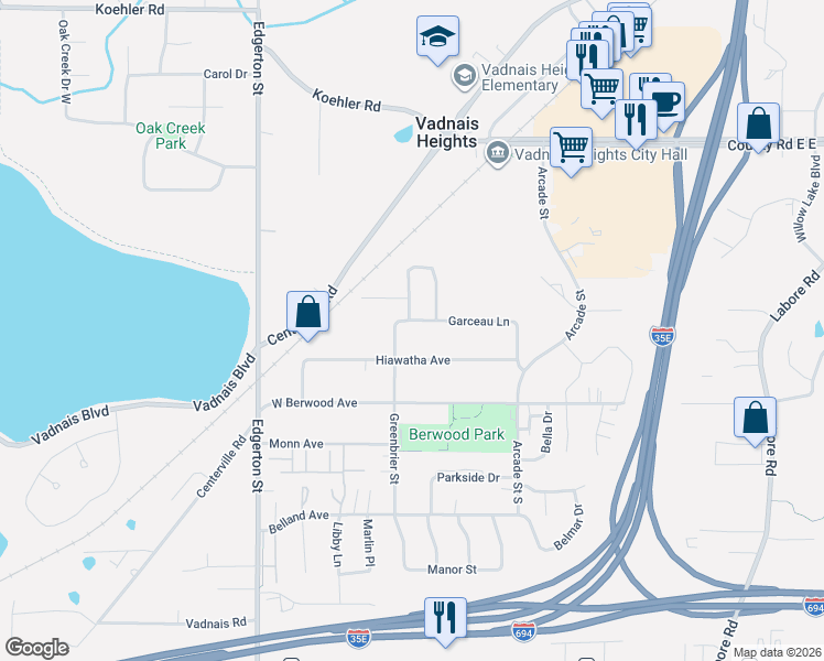 map of restaurants, bars, coffee shops, grocery stores, and more near 726 Garceau Lane in Vadnais Heights