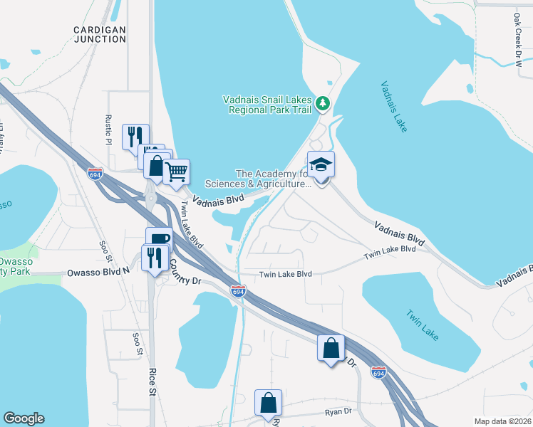 map of restaurants, bars, coffee shops, grocery stores, and more near 126 Star Circle in Saint Paul