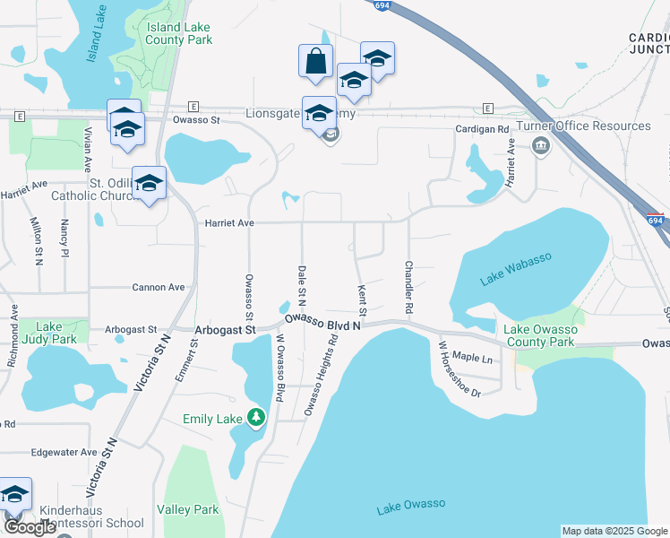 map of restaurants, bars, coffee shops, grocery stores, and more near 3431 Kent Street in Shoreview