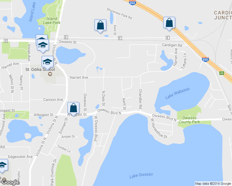 map of restaurants, bars, coffee shops, grocery stores, and more near 3421 Kent Street in Shoreview