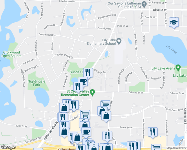 map of restaurants, bars, coffee shops, grocery stores, and more near 2361 Cottage Drive in Stillwater