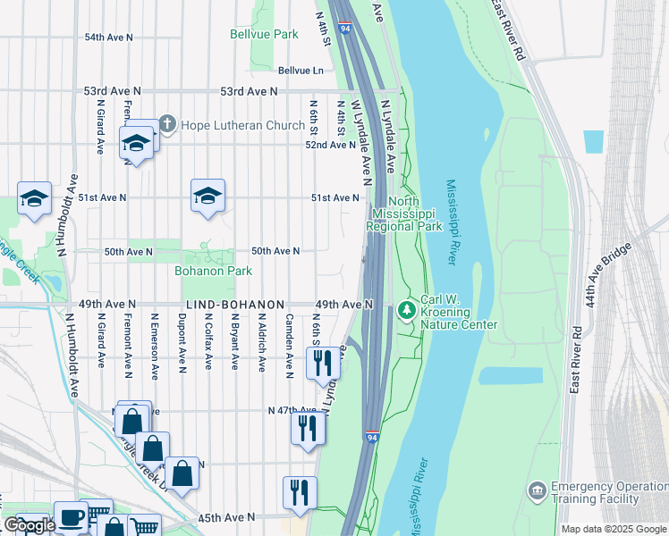 map of restaurants, bars, coffee shops, grocery stores, and more near 4933 North 4th Court in Minneapolis