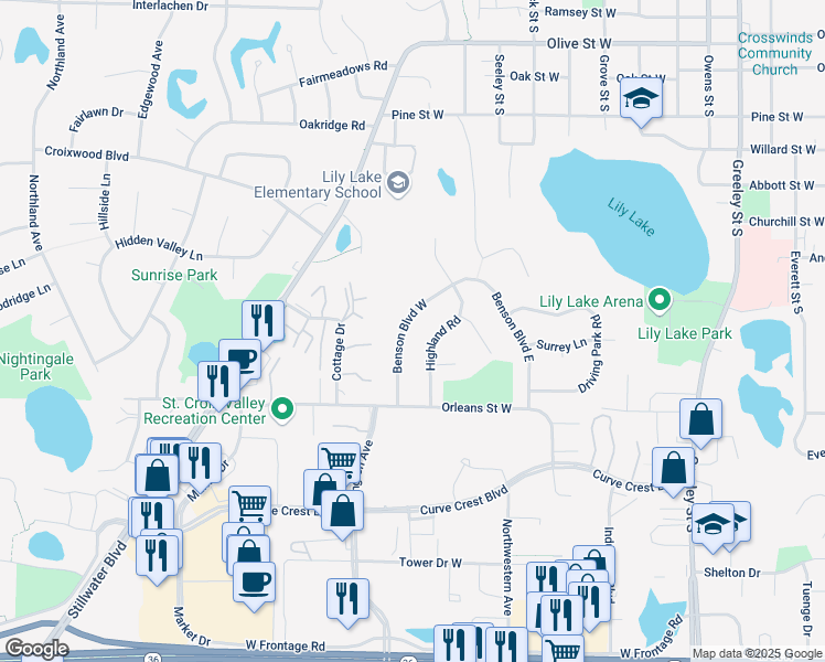 map of restaurants, bars, coffee shops, grocery stores, and more near 1401 Benson Boulevard East in Stillwater