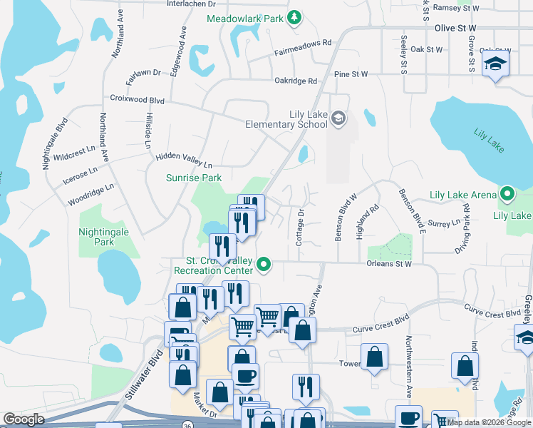 map of restaurants, bars, coffee shops, grocery stores, and more near 2361 Cottage Drive in Stillwater
