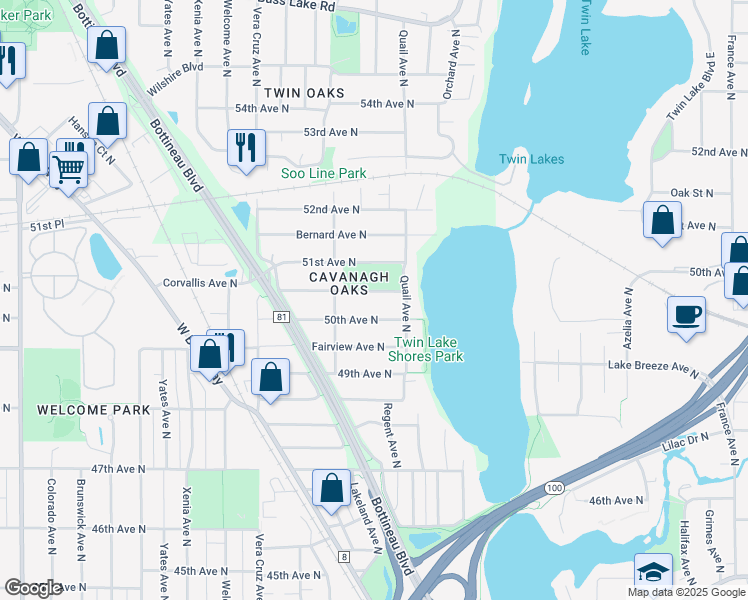 map of restaurants, bars, coffee shops, grocery stores, and more near 5101 Corvallis Avenue North in Minneapolis