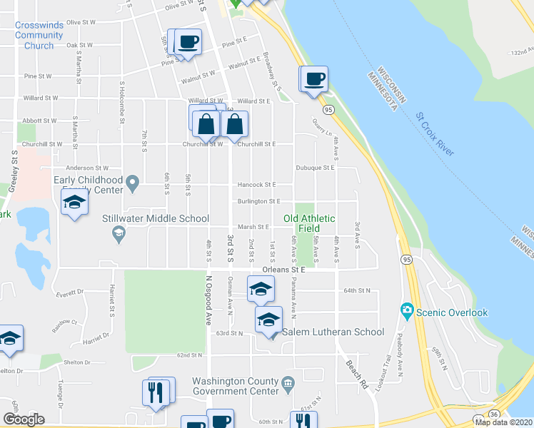 map of restaurants, bars, coffee shops, grocery stores, and more near 1214 1st Street South in Stillwater