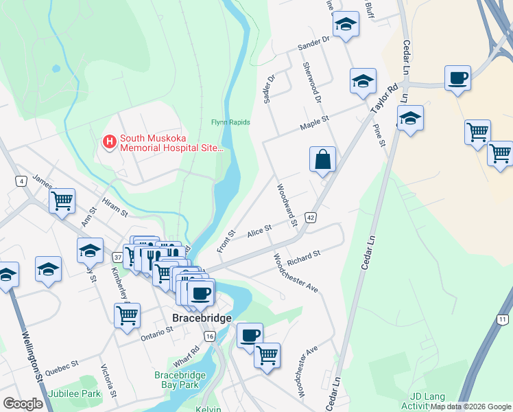 map of restaurants, bars, coffee shops, grocery stores, and more near 112 Front Street in Bracebridge