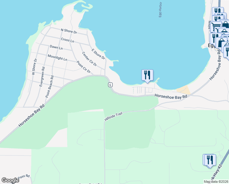 map of restaurants, bars, coffee shops, grocery stores, and more near 7670 Horseshoe Bay Road in Egg Harbor