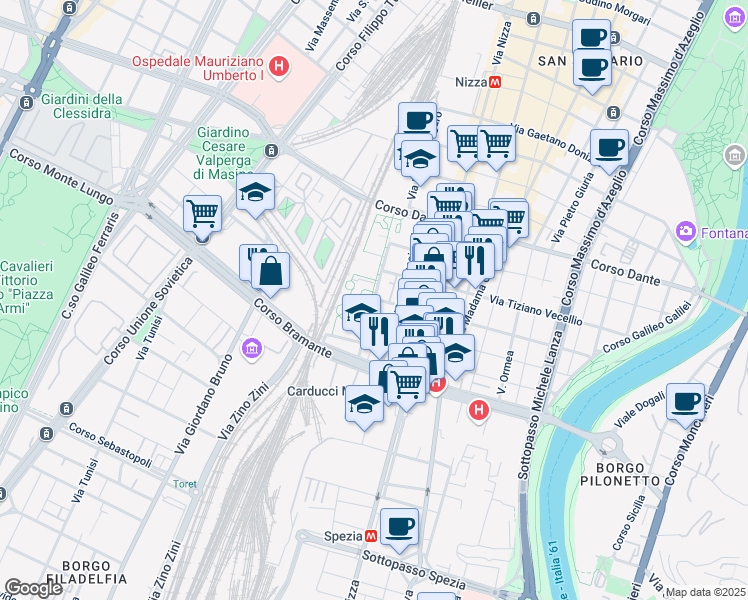 map of restaurants, bars, coffee shops, grocery stores, and more near 22 Via Ludovico Antonio Muratori in Torino