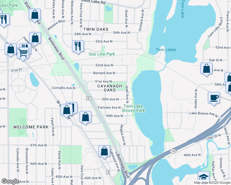 map of restaurants, bars, coffee shops, grocery stores, and more near 5101 Corvallis Avenue North in Minneapolis