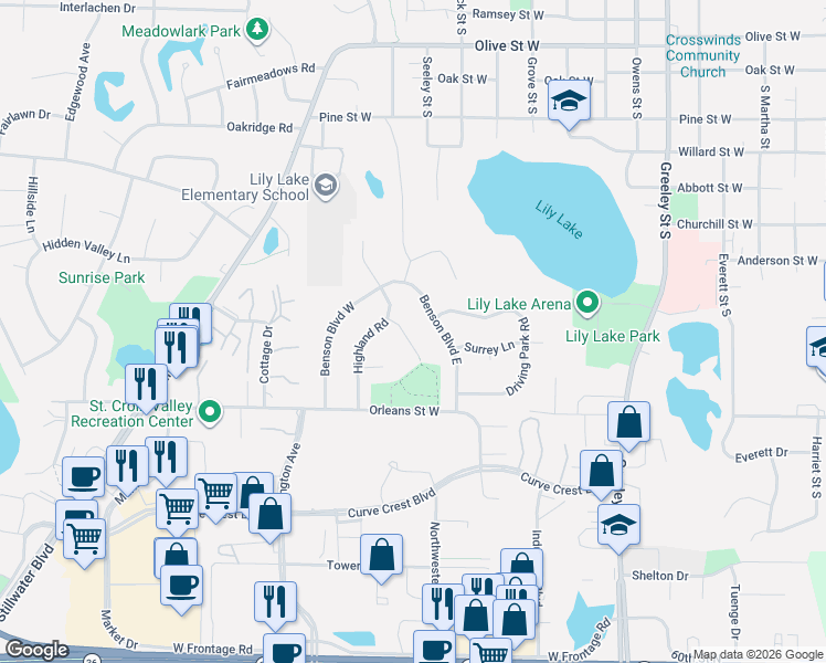 map of restaurants, bars, coffee shops, grocery stores, and more near 1395 Lydia Circle in Stillwater