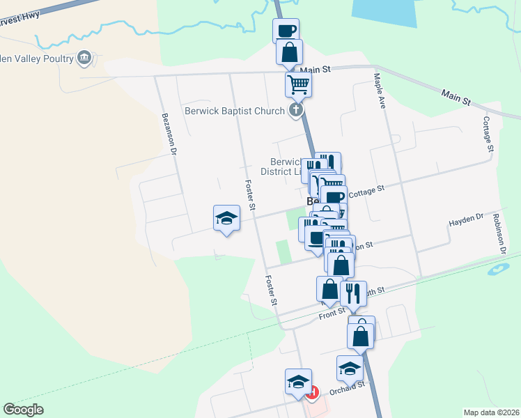 map of restaurants, bars, coffee shops, grocery stores, and more near 216 Cottage Street in Berwick